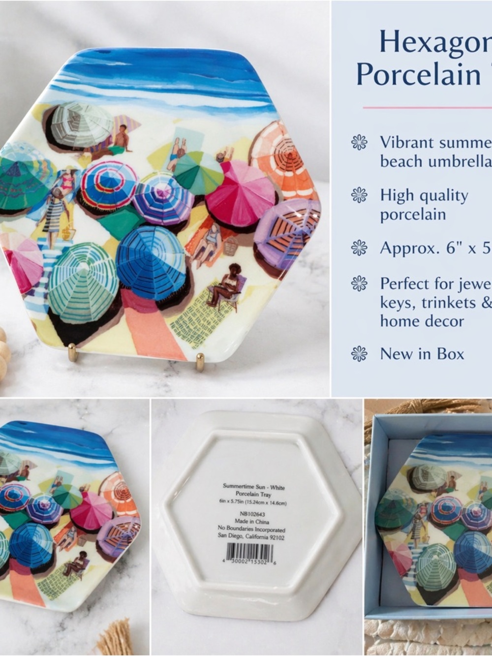 No Boundaries Hexagon Porcelain Tray - Multi-Colored Beach Umbrellas NWOT
